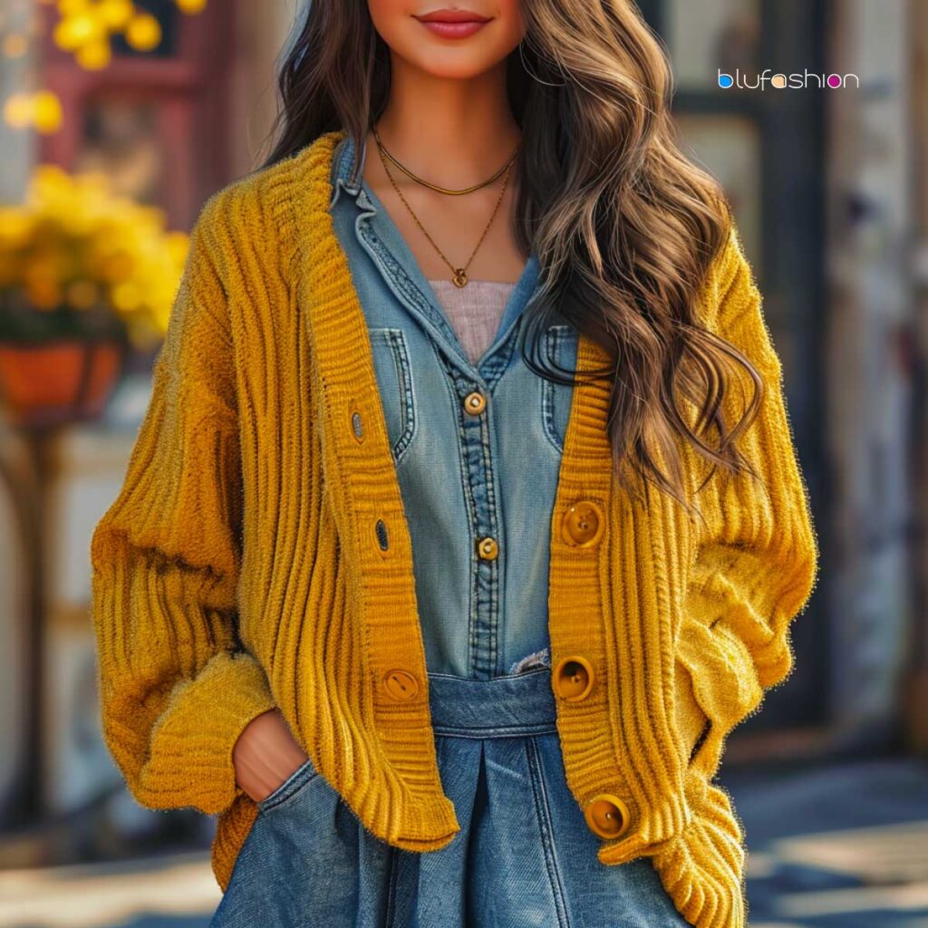 Autumn vibes with a woman in a mustard yellow cardigan over a denim dress, street style.