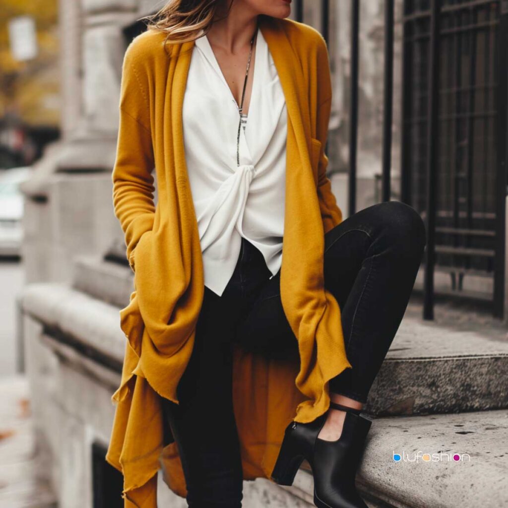 Urban chic: Woman in mustard cardigan, white blouse, black skinny jeans, and ankle boots.