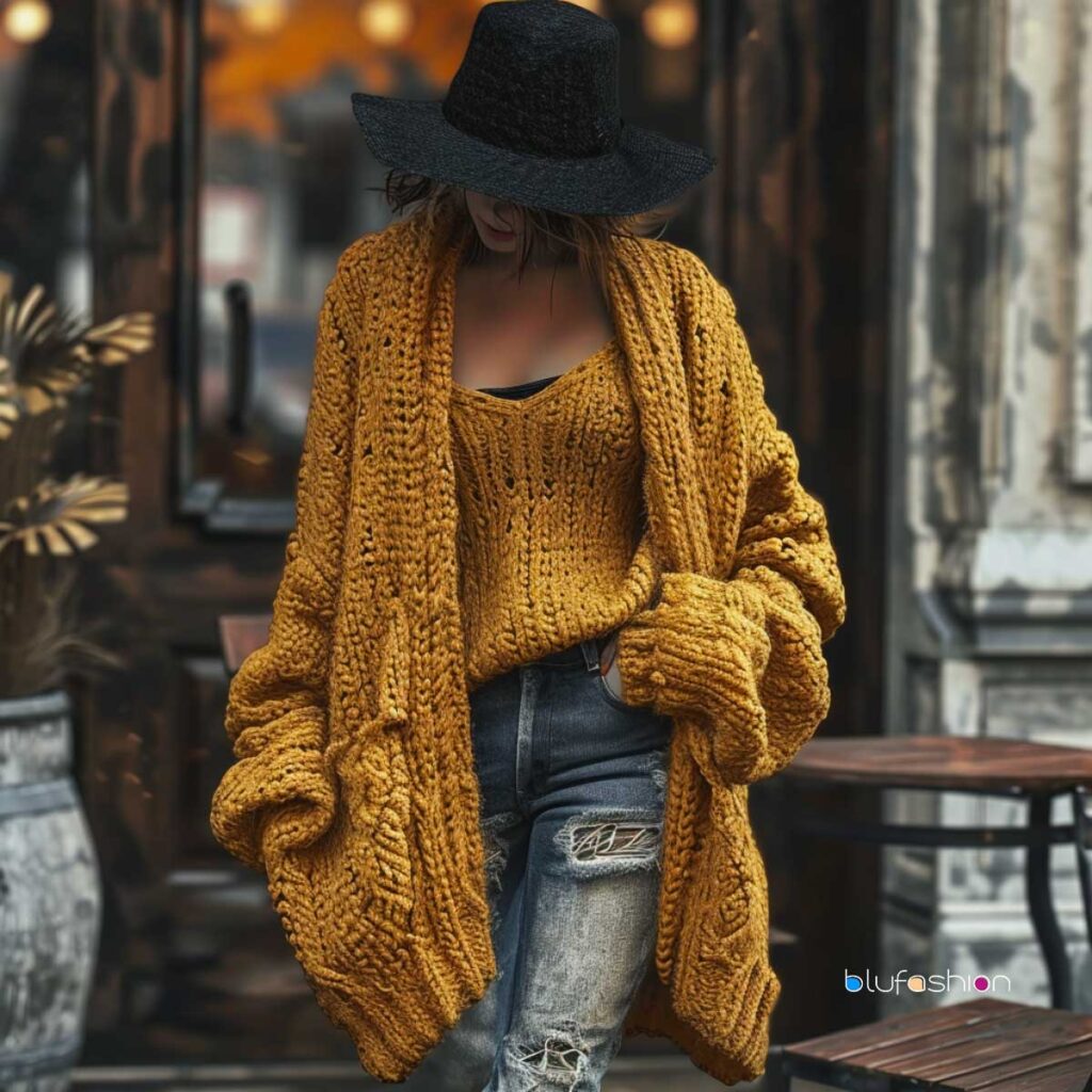 Trendy woman in a mustard chunky knit cardigan, black hat, and distressed jeans, urban style.