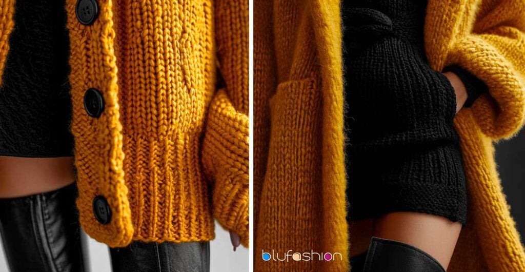 Close-up of a stylish mustard cardigan paired with a black mini dress, fashion detail shot.