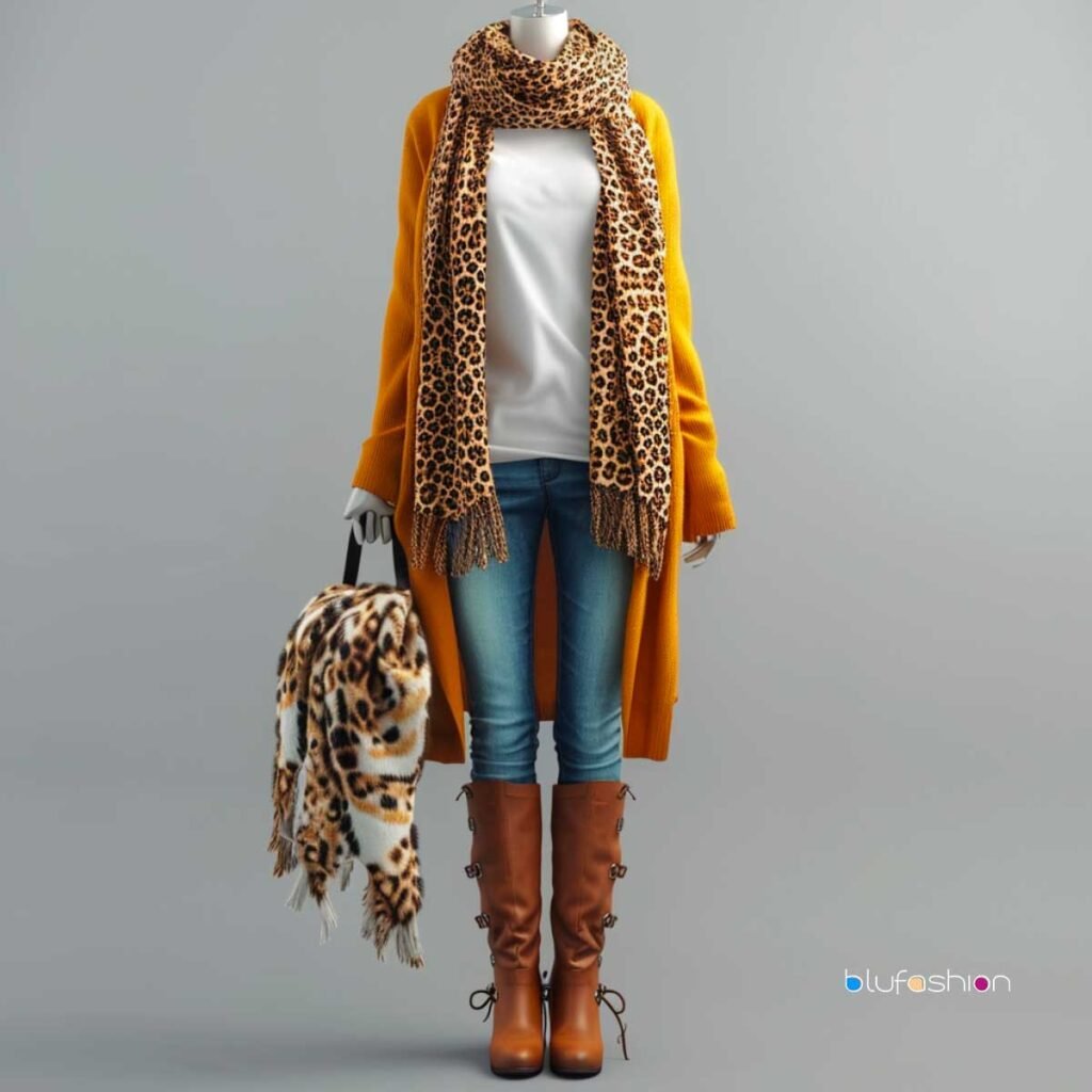 Mannequin styled with a mustard yellow coat, leopard print scarf, and knee-high brown boots.