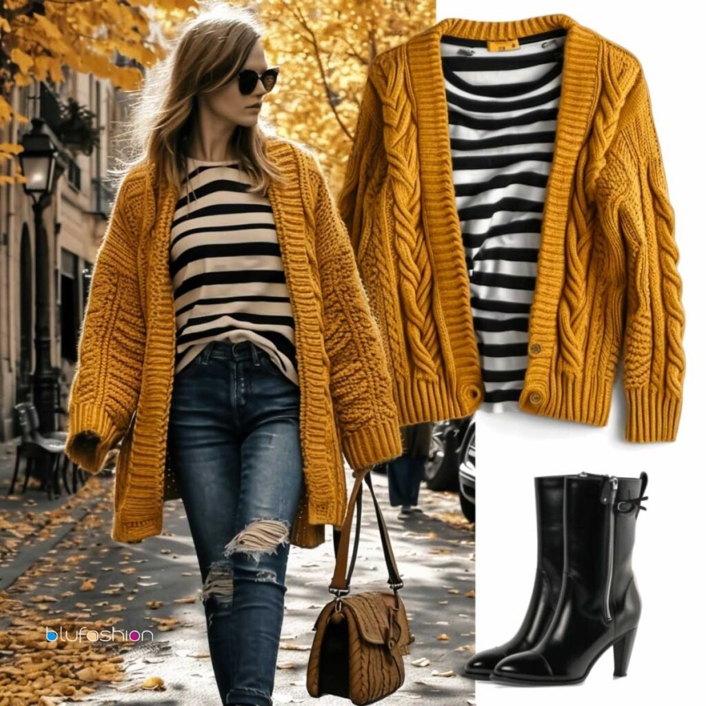 Fall fashion ensemble with a mustard cardigan, striped top, distressed jeans, and black boots.