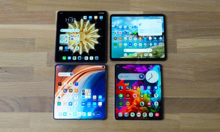 The unfolded inside screens of the Honor Magic V2, Google Pixel Fold, OnePlus Open and Samsung Galaxy Z Fold 5.