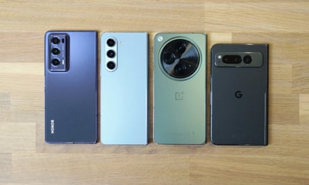 The rear camera modules of the Honor Magic V2, Samsung Galaxy Z Fold 5, OnePlus Open and Google Pixel Fold.