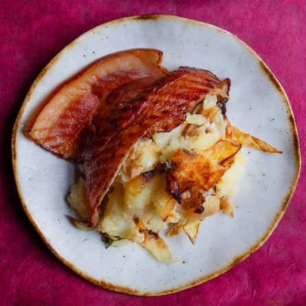 Smoked bacon with cheddar and onion mash.