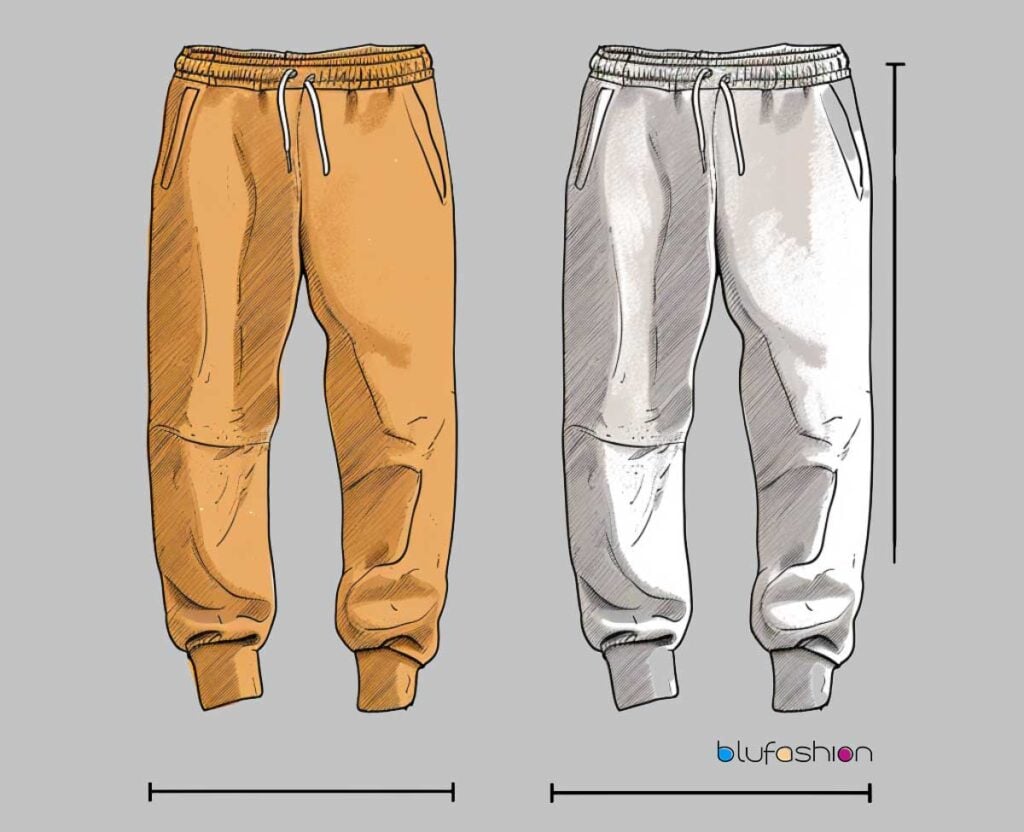 Digital illustration comparing mustard and gray jogger pants for fashion size chart, isolated on grey background