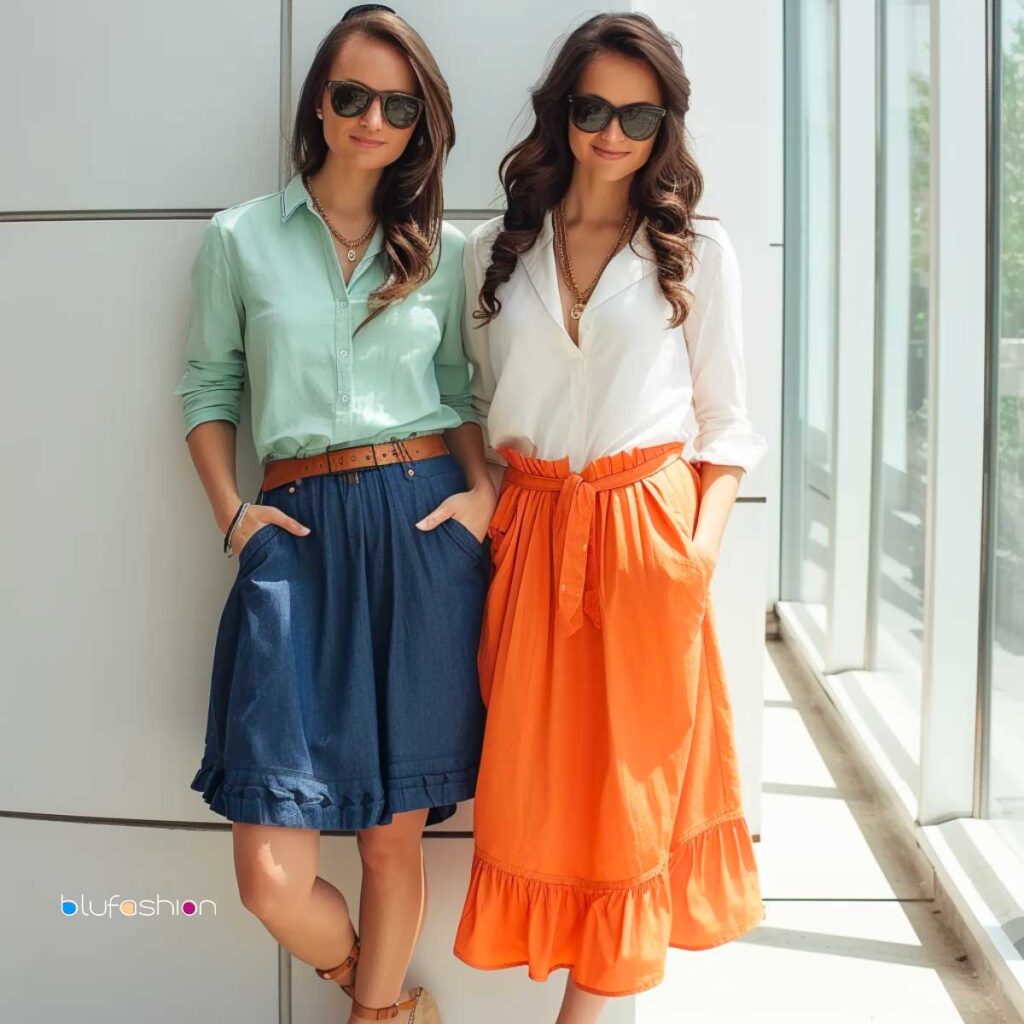 Two stylish women in pastel shirts and high-waisted skirts posing together, fashionably accessorized with belts and sunglasses.