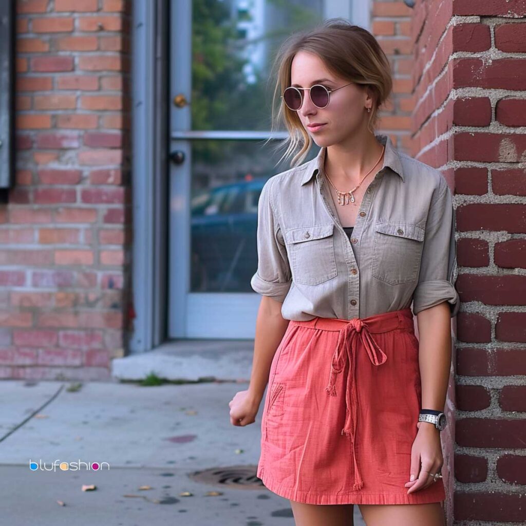 Fashionable woman in a tied-up khaki shirt and coral skirt with round sunglasses for a chic, urban summer look.