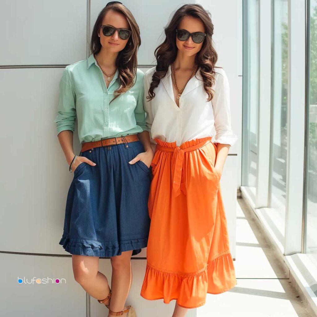 Two stylish women in oversized shirts and ruffled skirts, accessorized with belts and sunglasses, showcasing chic summer fashion.