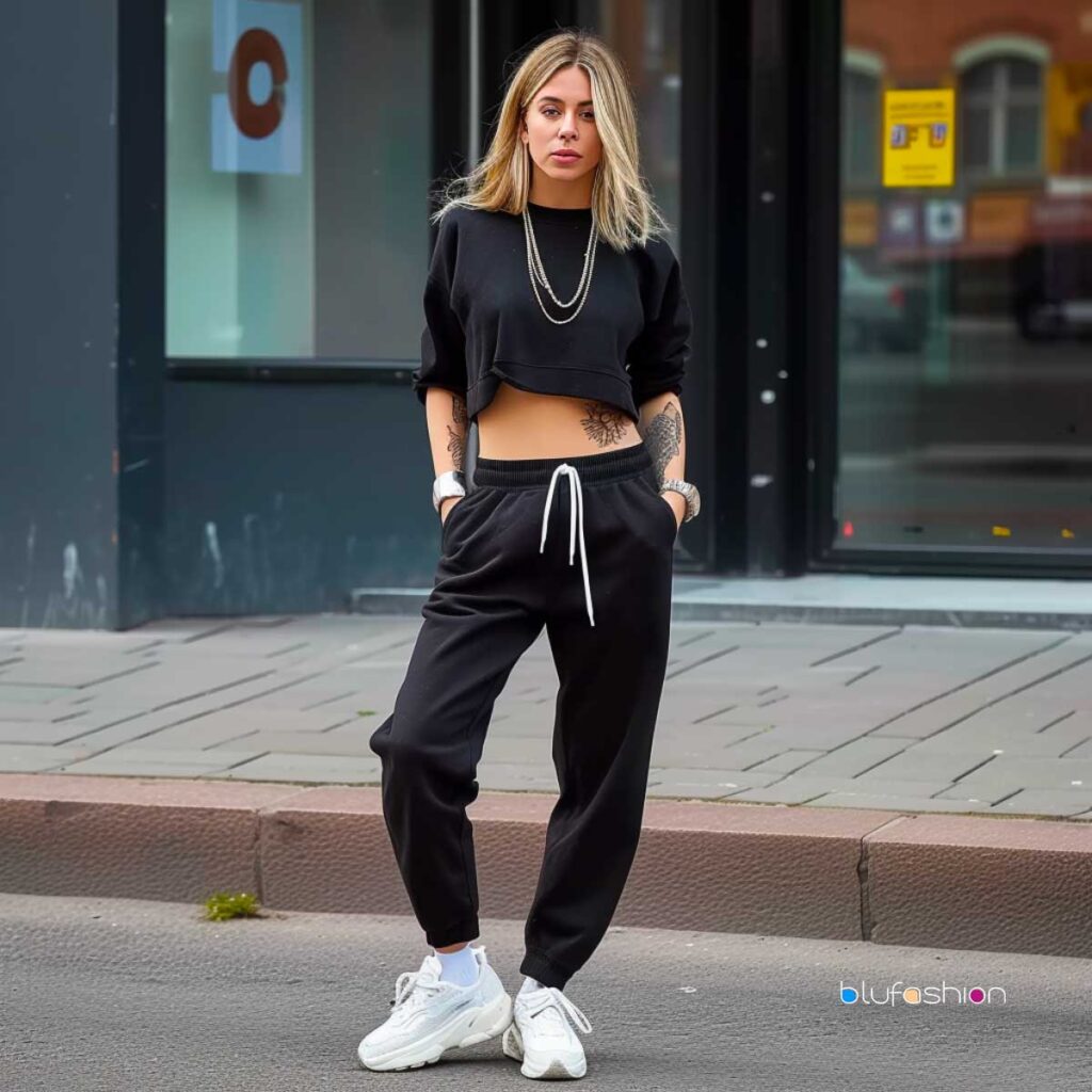 Sporty and chic look with black sweatpants, cropped black sweatshirt, white sneakers, and layered necklaces.