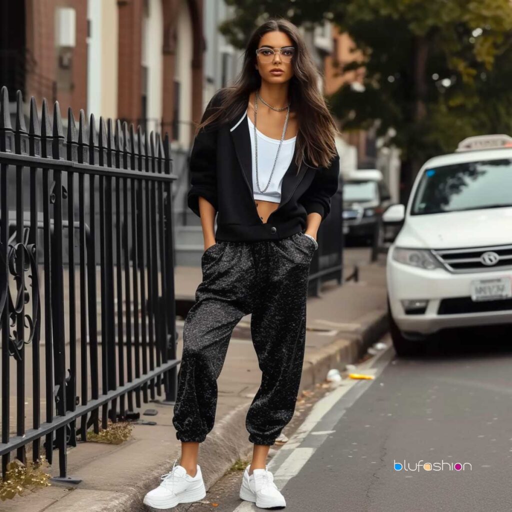 Streetwear style with textured black sweatpants, white crop top, black bomber jacket, and white sneakers.