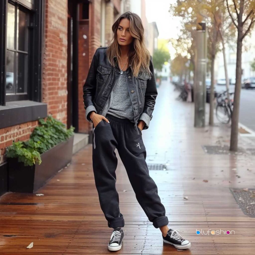 Edgy street style with black sweatpants, leather jacket, grey top, and classic sneakers.