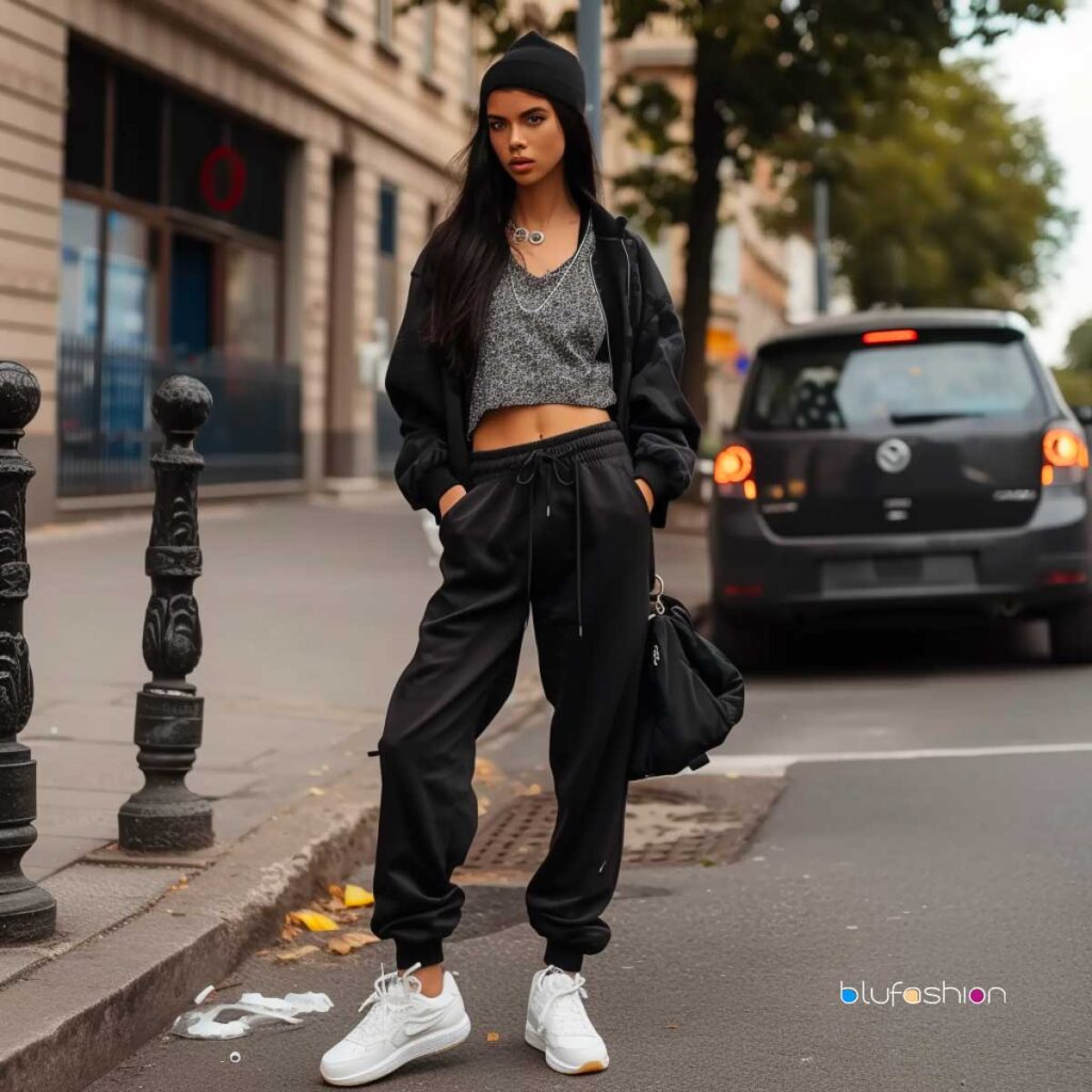 Urban fashion look with black sweatpants, cropped tank top, bomber jacket, beanie, and white sneakers.