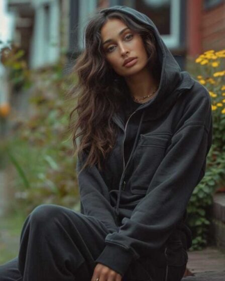 Woman in a casual black hoodie and pants on urban steps.