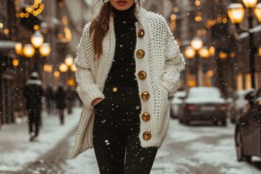 Glamorous woman in a chunky white cardigan and gold sequin leggings on a snowy street.