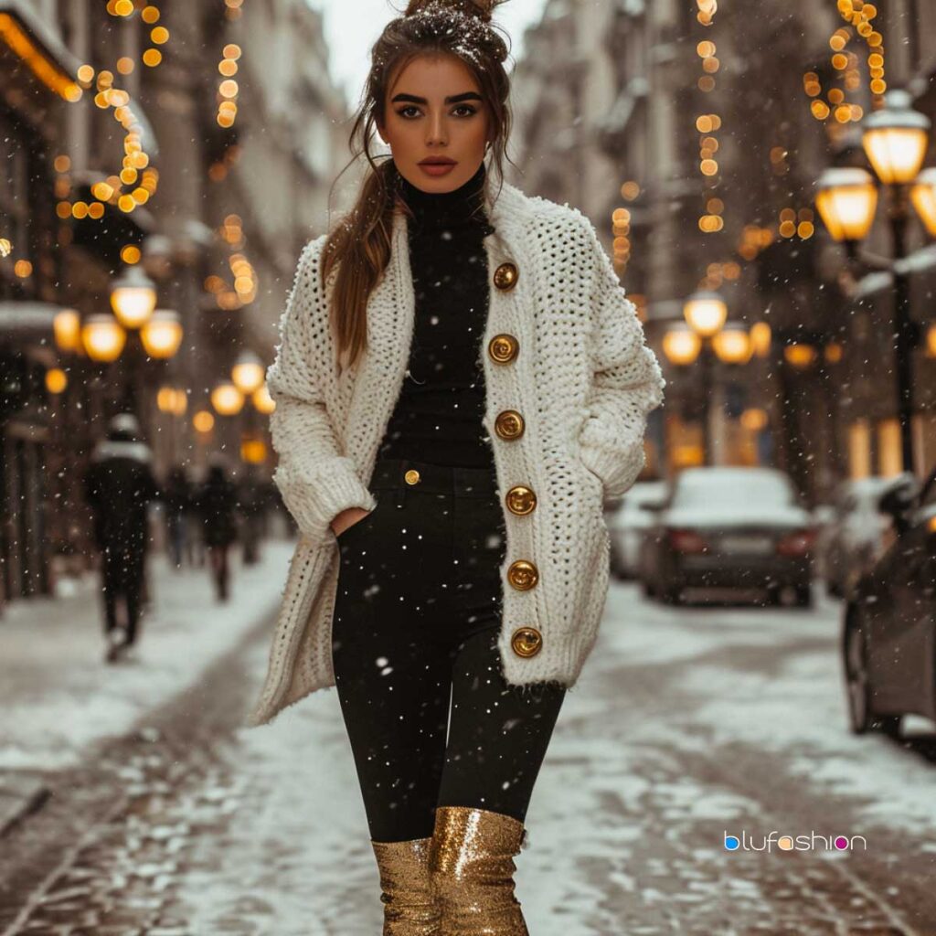 Glamorous woman in a chunky white cardigan and gold sequin leggings on a snowy street.