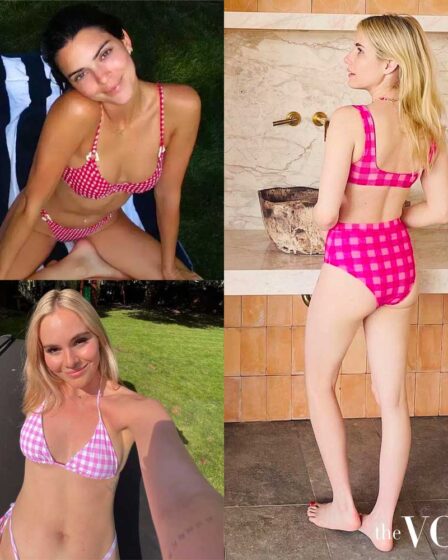 Kendall Jenner, Emma Roberts, Holly Ramsay pink gingham bikini sets