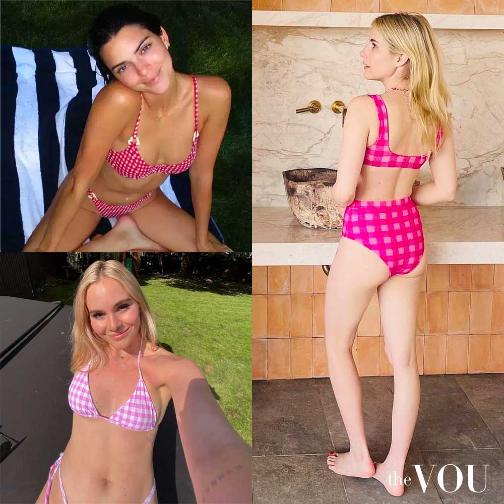 Kendall Jenner, Emma Roberts, Holly Ramsay pink gingham bikini sets 