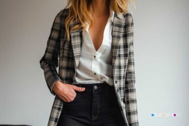 Nail the monochrome look with a classic black and white checked shacket and a crisp white blouse.