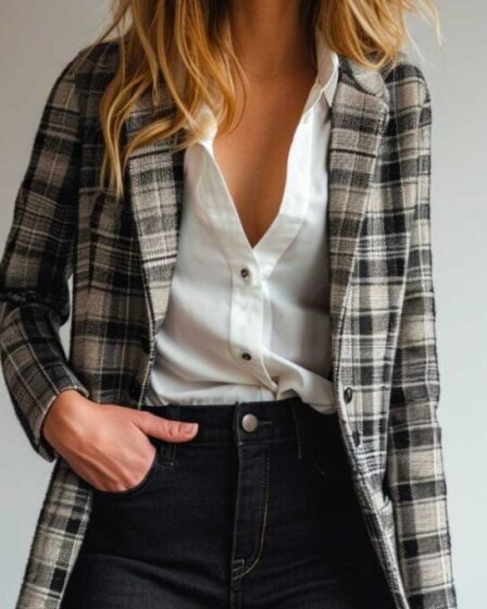 Nail the monochrome look with a classic black and white checked shacket and a crisp white blouse.