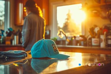 Teal baseball cap with patch on kitchen counter in warm sunlight, by blufashion.