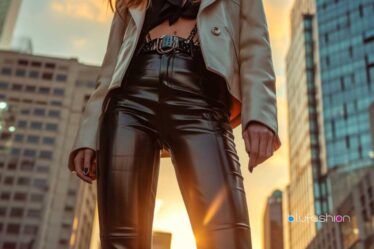 Edgy urban fashion with leather pants and white blazer at sunset, by blufashion