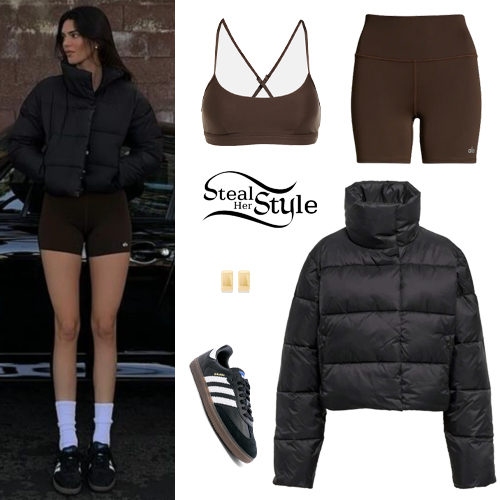 Kendall Jenner: Puffed Jacket, Brown Shorts - Fashnfly