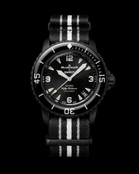 a photo of the blancpain x swatch scuba fifty the ocean of storms watch