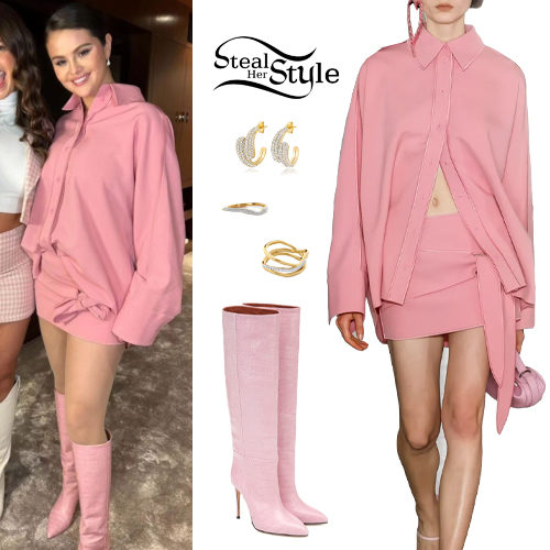 Selena Gomez Pink Blouse and Skirt Fashnfly