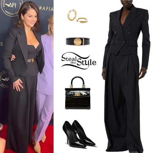 Selena Gomez: Pinstriped Suit, Black Pumps