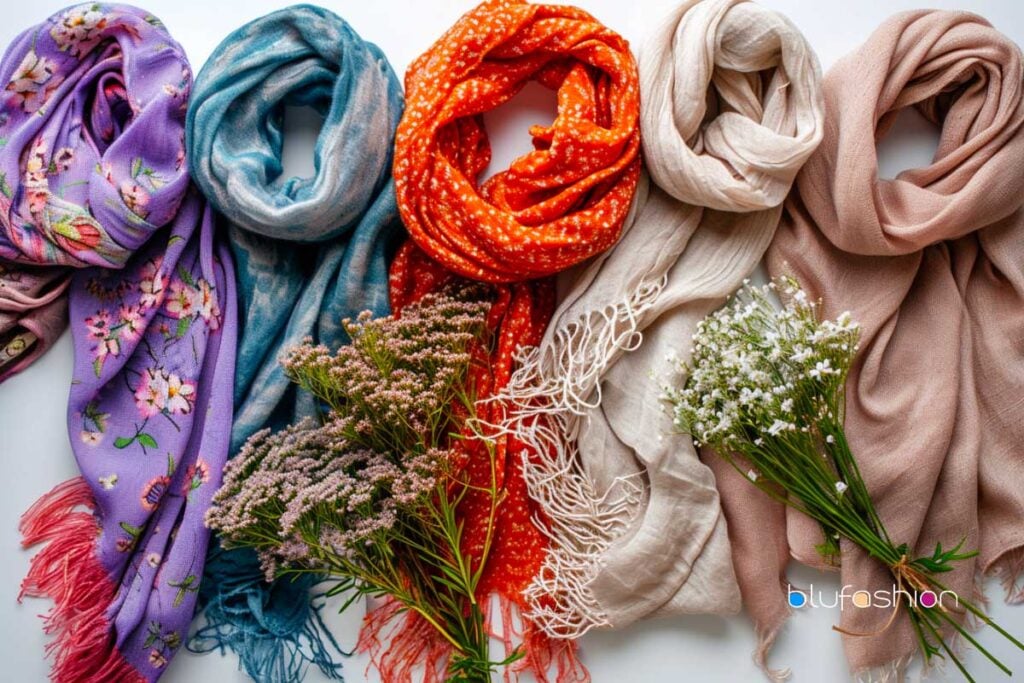 Assorted colorful spring scarves with floral motifs and fresh flowers.