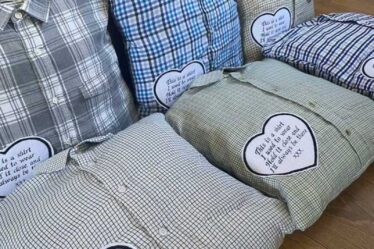 Handmade memory pillows crafted from button-up shirts with heartfelt messages