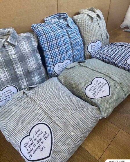 Handmade memory pillows crafted from button-up shirts with heartfelt messages