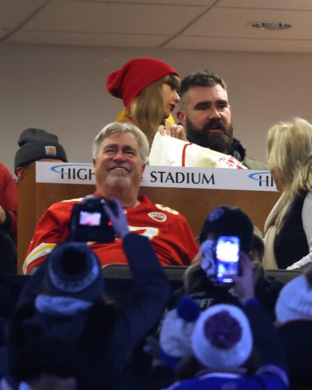 Ed Kelce Taylor Swift and Jason Kelce attend the AFC Divisional Playoff game between the Kansas City Chiefs and the...
