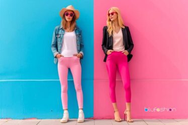 Two women in pink leggings against contrasting blue and pink walls, by blufashion.