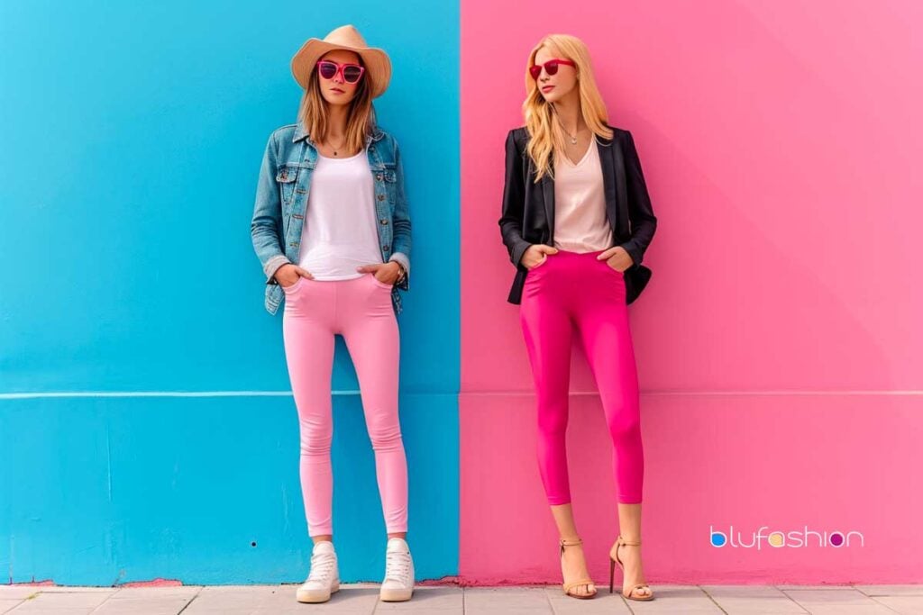Two women in pink leggings against contrasting blue and pink walls, by blufashion.