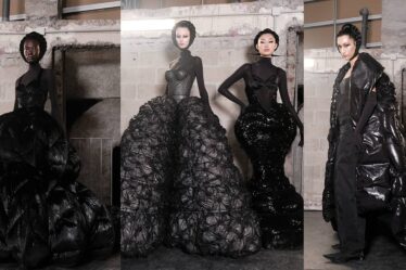 Models wear all black down material designs from Chen Peng.