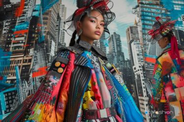 A model showcases a vibrant, eclectic ensemble that's a bold mix of traditional and futuristic, with a multi-colored patchwork coat against a digitally enhanced urban skyline. The outfit is accessorized with avant-garde headgear, making a statement that's both rooted in heritage and daringly modern.