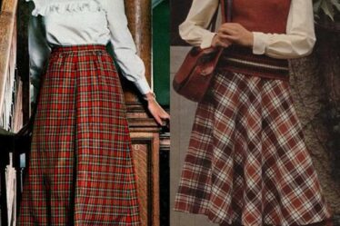 midi or maxi plaid skirt, white blouse, boots, handbag