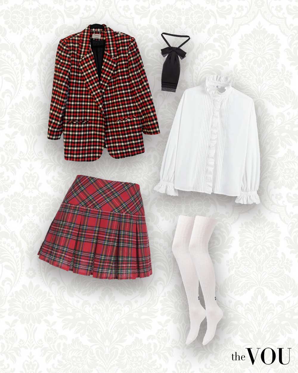 plaid blazer, ruffle blouse, pleated skirt, knee-high socks, gothic necktie