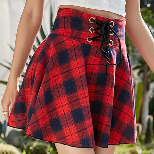 Plaid Lace-up Flare Skirt