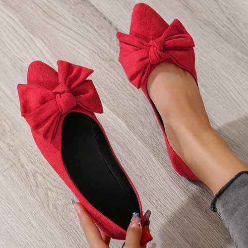 Pointy toes ballet flats in red with bow decor 