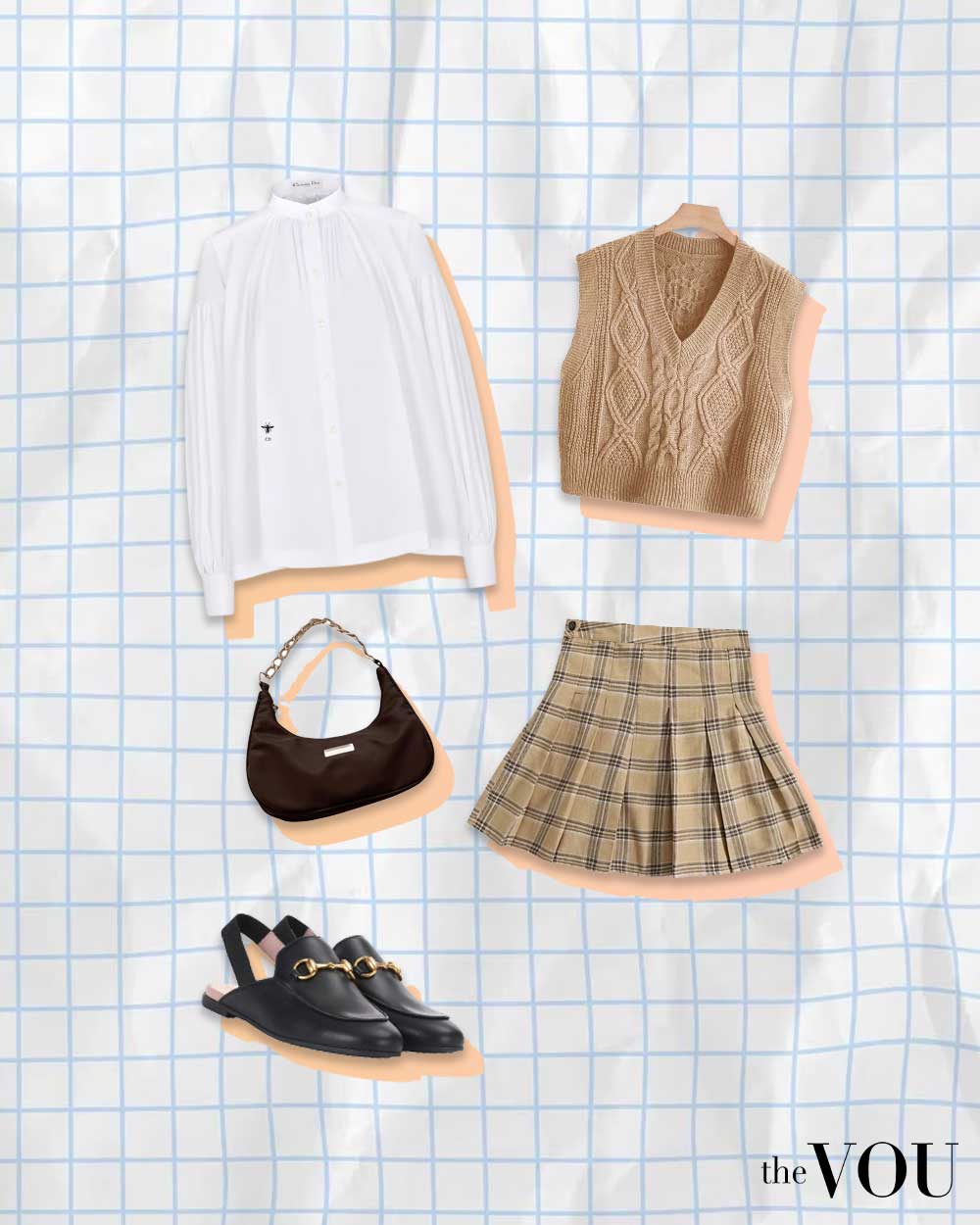 white shirt, knitted vest, pleated miniskirt, handbag