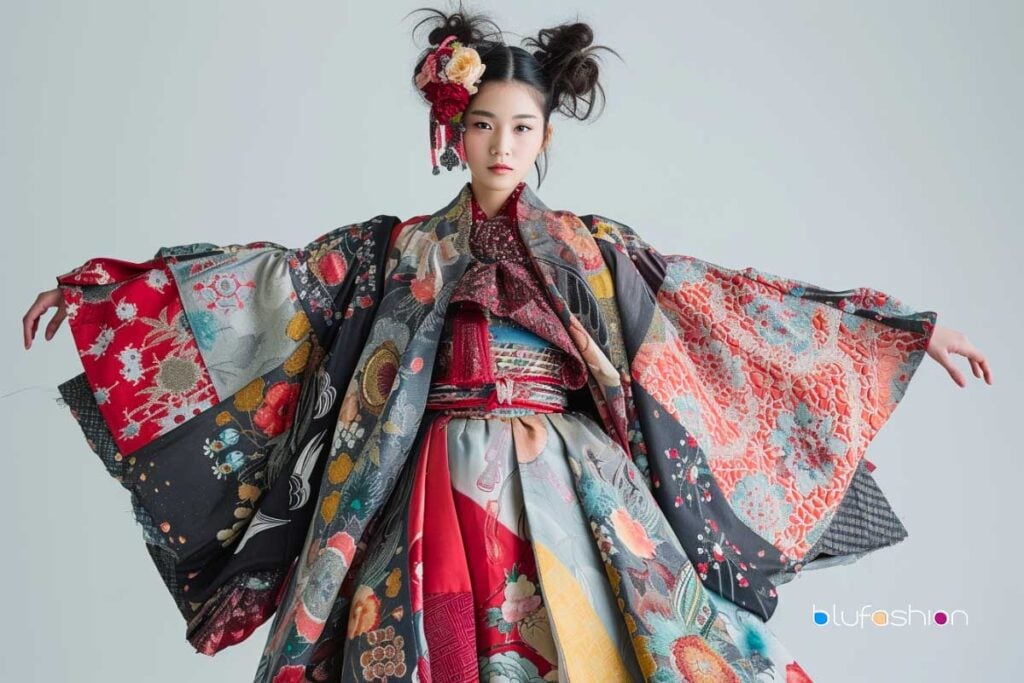 Model in a traditional Japanese kimono with elaborate patterns and an ornate hairpiece posing gracefully.