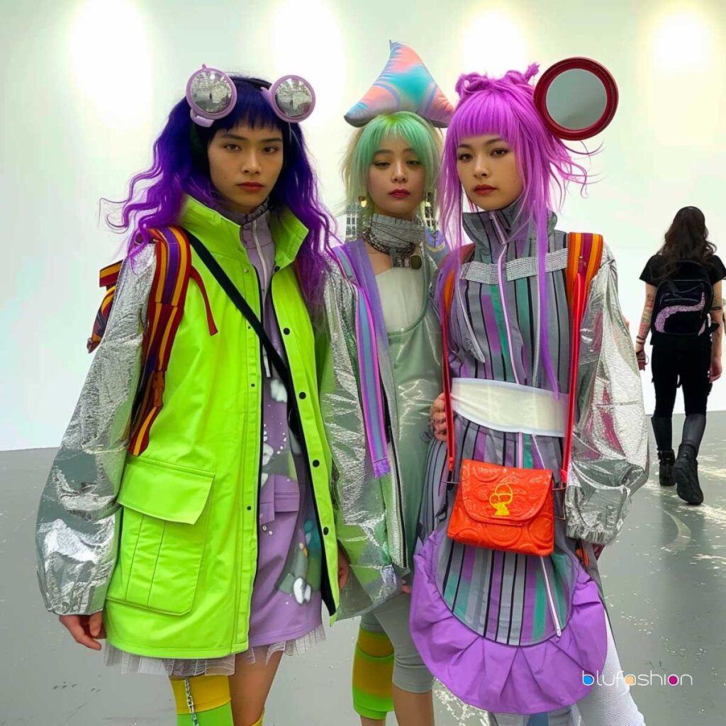 Three people in vibrant, futuristic Uchuu Kei outfits, incorporating bold neon colors, metallic fabrics, and playful accessories that reflect a cosmic aesthetic.