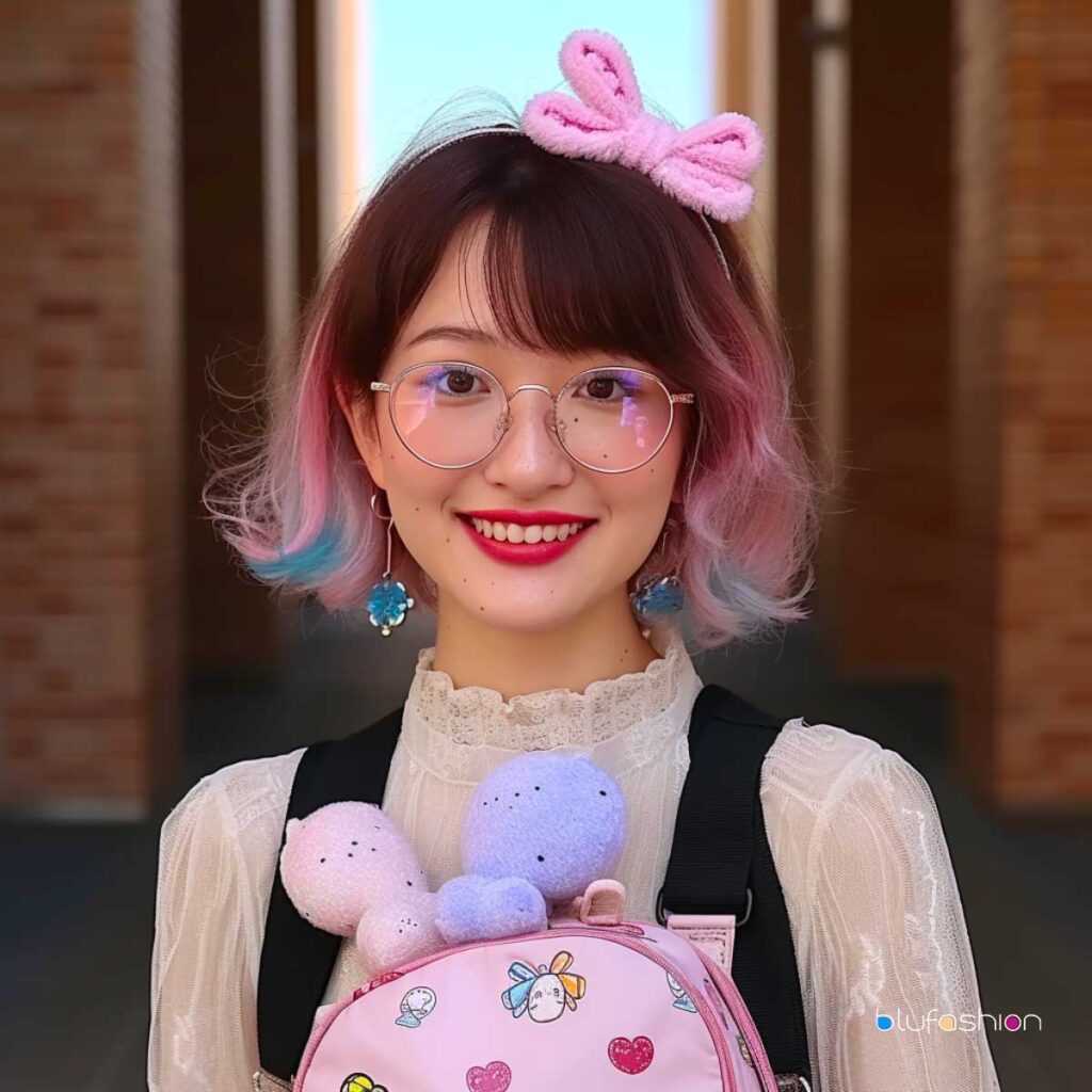 Joyful individual with playful pink bunny ears headband, dual-toned pink and blue bob haircut, round glasses, vibrant red lipstick, carrying a cute plush toy backpack with whimsical charms.