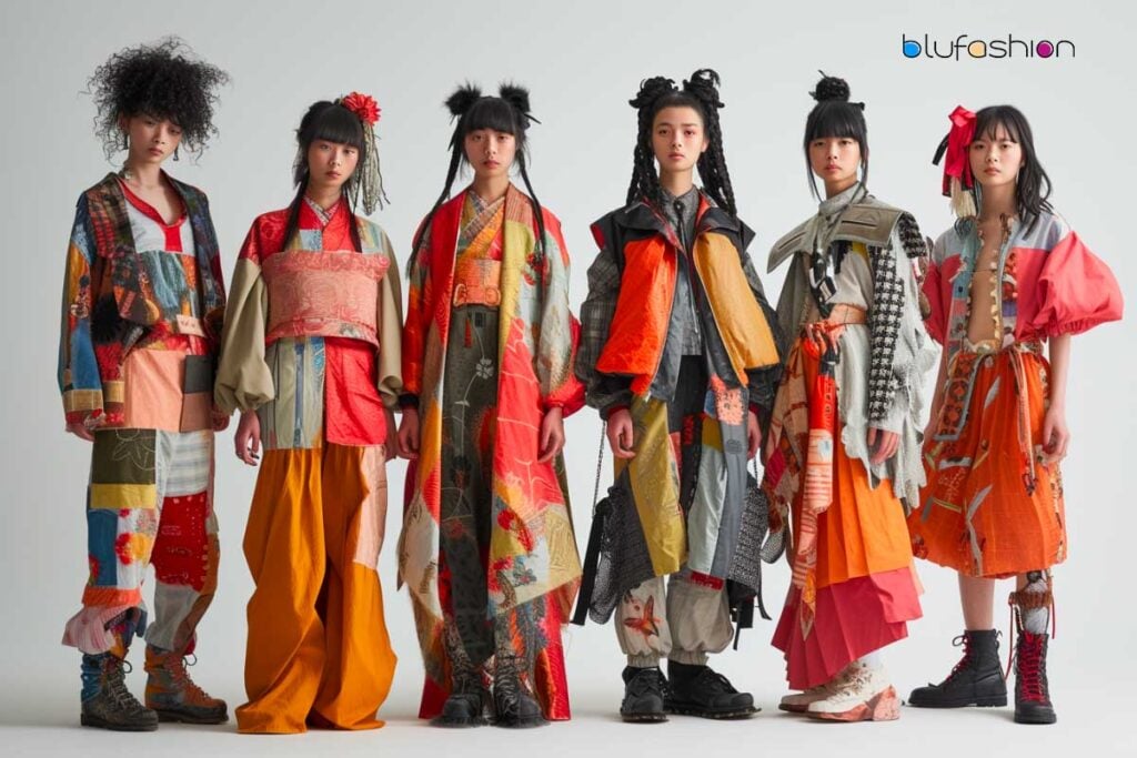 A group of individuals showcasing a modern interpretation of traditional Asian attire, blending historical elements with contemporary fashion influences.