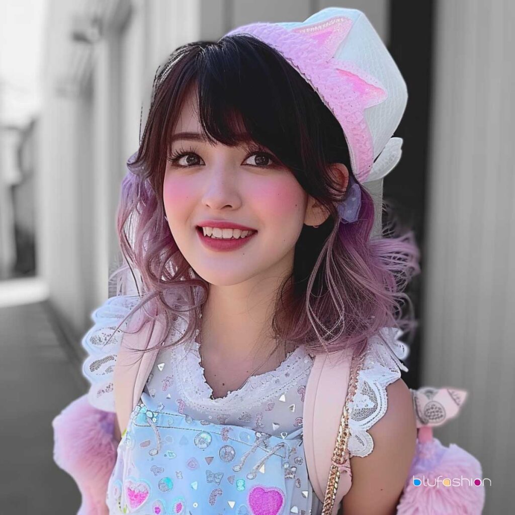 Person with a charming smile wearing pastel Uchuu Kei fashion, complete with a whimsical star-shaped hat, soft purple wavy hair, and a playful, heart-patterned dress accented with lace and fluffy details.