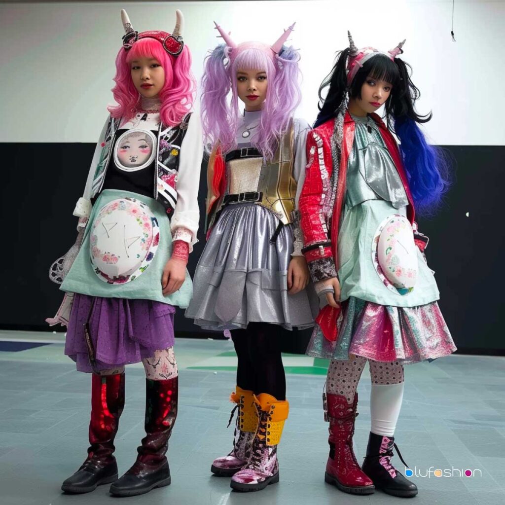Three individuals dressed in vibrant Uchuu Kei fashion with colorful hair and eclectic accessories in a modern setting.