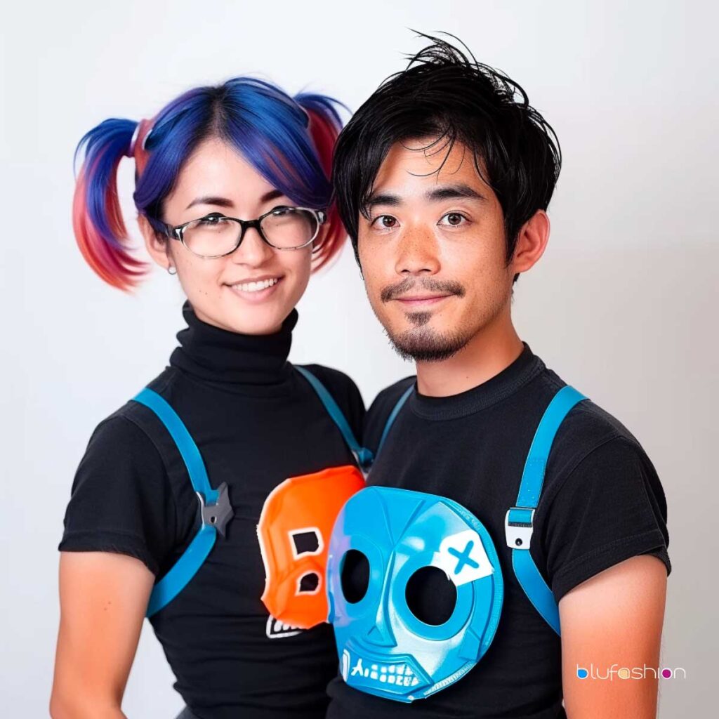 Two trendy individuals, one with vibrant blue and red streaked hair and glasses, the other sporting a goatee, wearing casual black tops with bright suspenders and quirky mask-shaped bags.